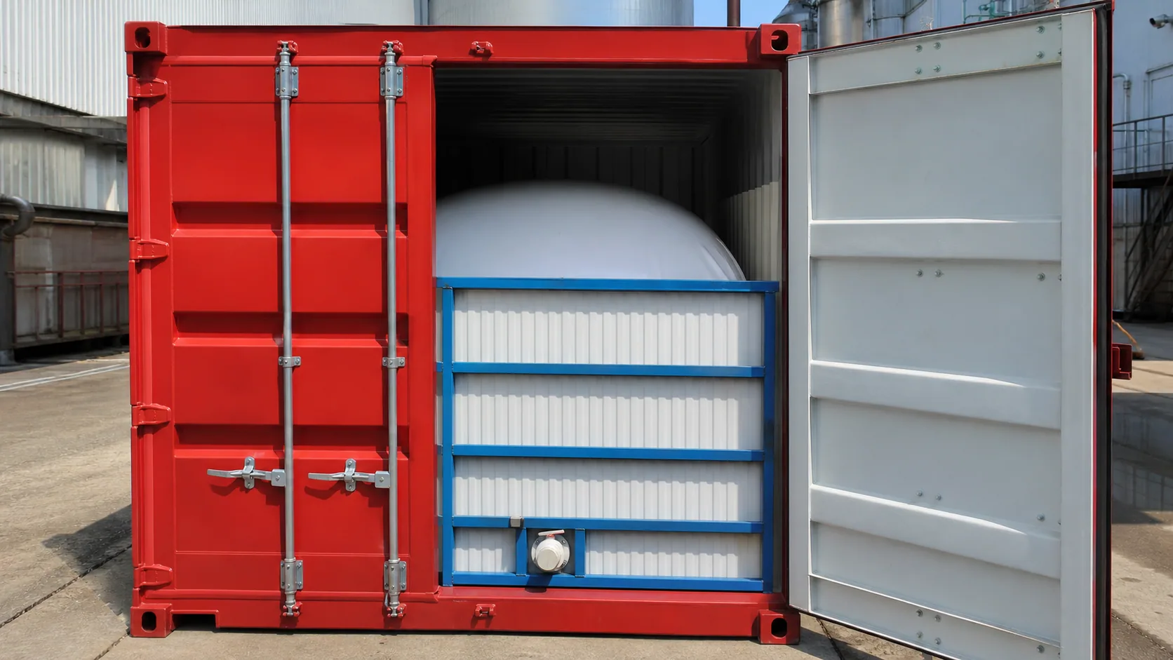 Flexitank system installed inside an open 20ft dry container